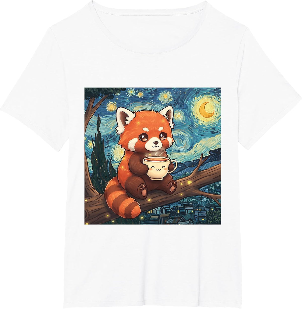 Fluffy Red Panda Holding Tea Cup Van Gogh Starry Night Art T-Shirt - White