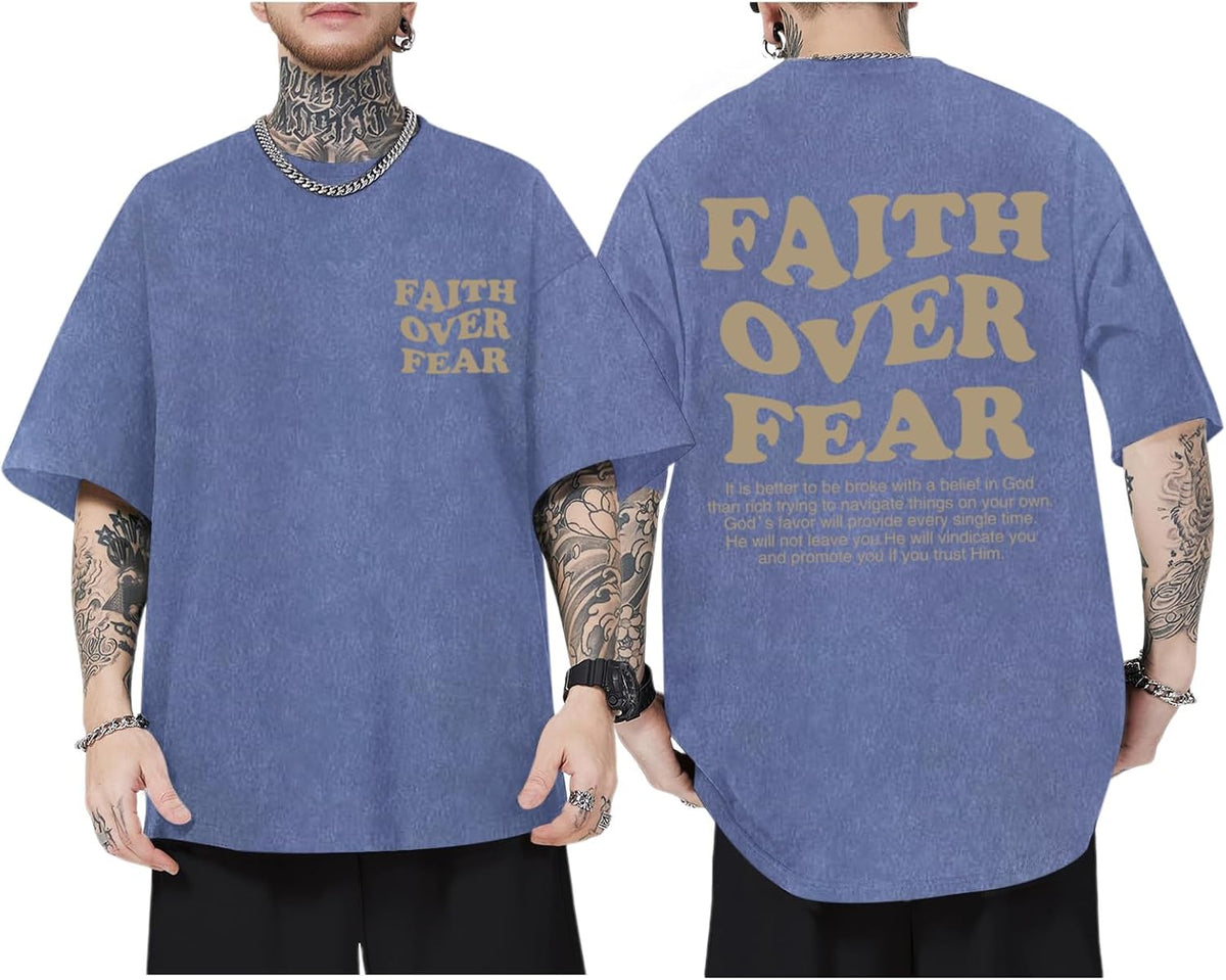 Christian Shirts for Men Faith Over Fear Oversized Tees - Blue