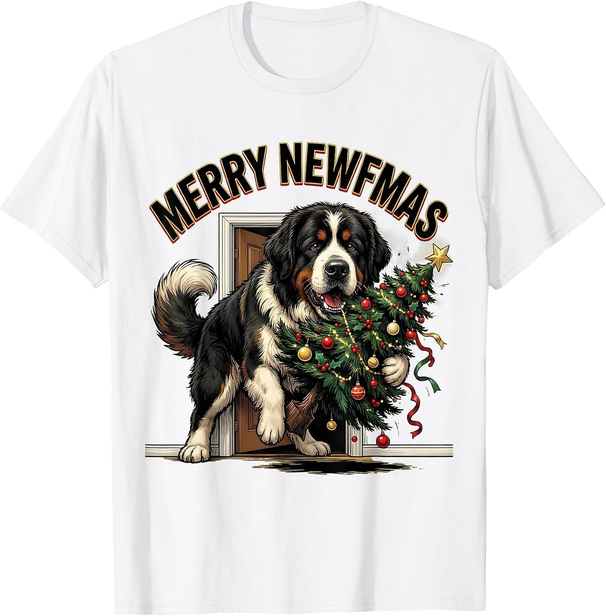 Men's Merry Newfmas Cartoon Newfoundland Dog Christmas Pajama T-Shirt - White