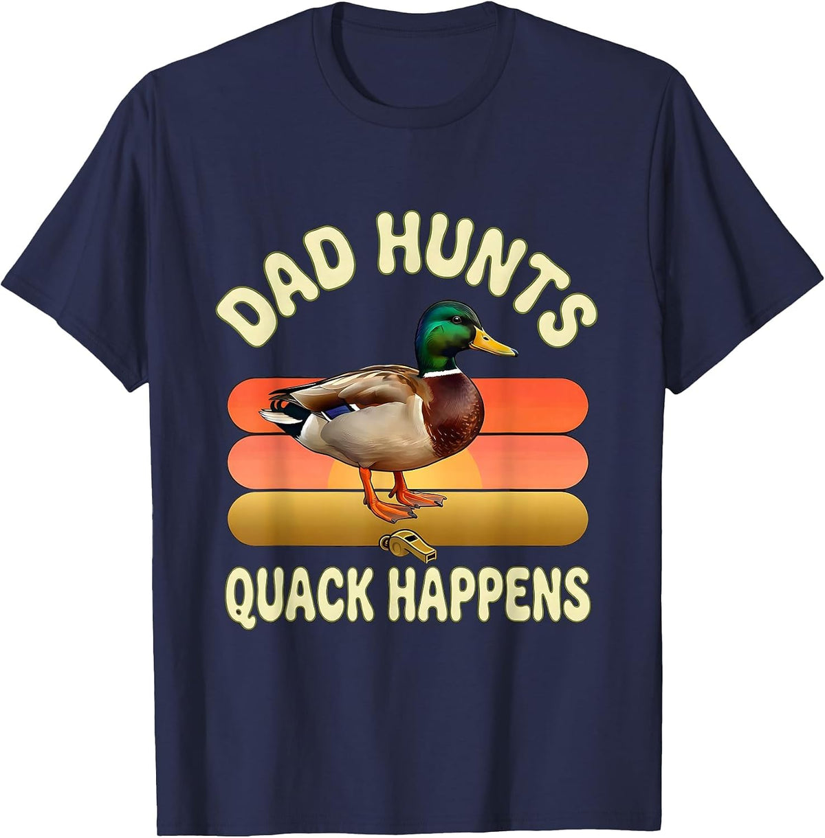 Men's Dad Hunts, Quack Happens Retro 70s Duck Hunting Dad Father's T-Shirt - Navy Blue
