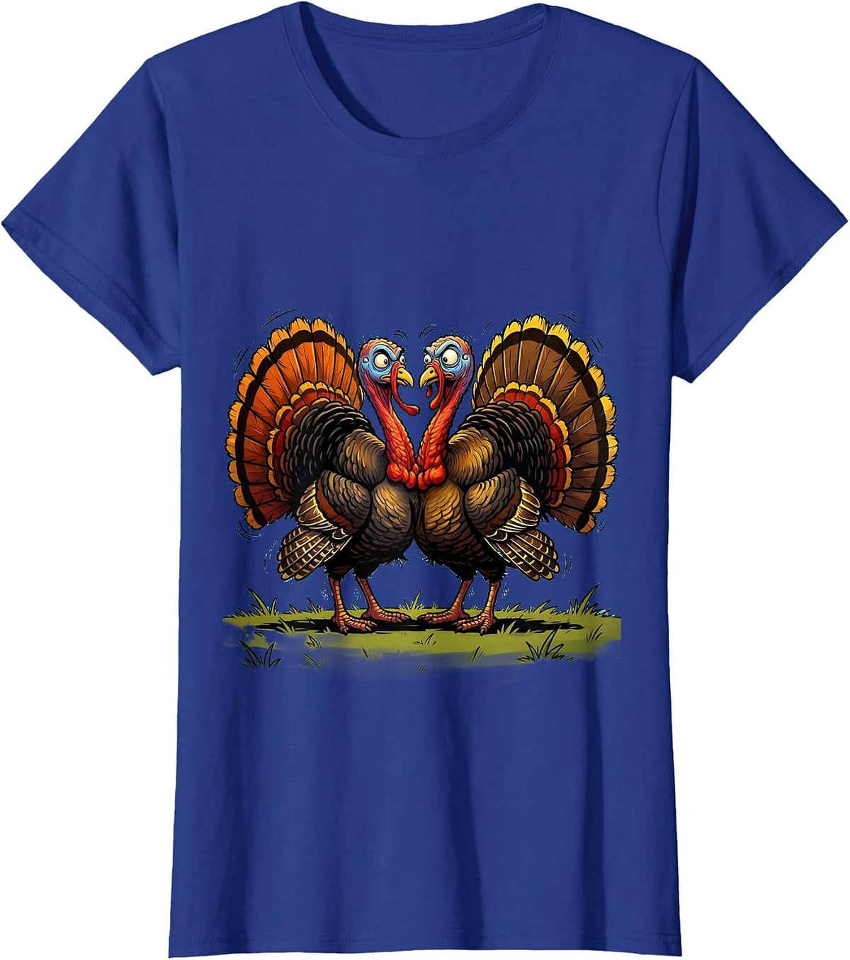 Women's Two Turkeys Face Off Standoff Illustration T-Shirt - Royal Blue