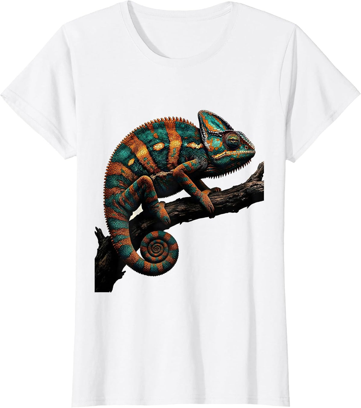 Chameleon on Branch Colorful Animal Kingdom Design T-Shirt - White