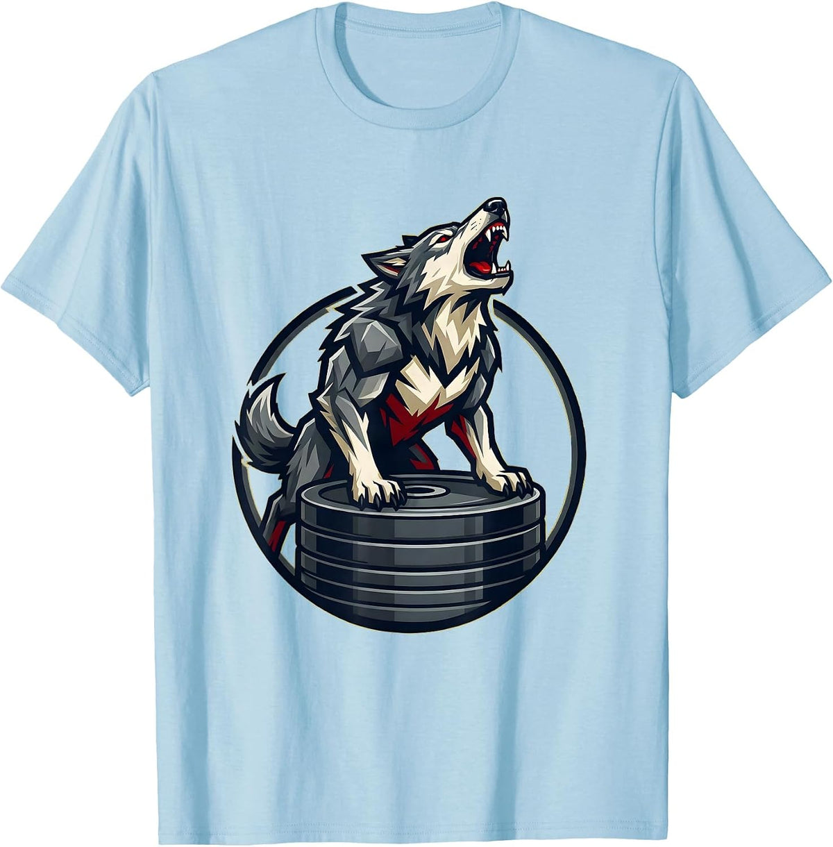 Men's Wolf Howling on Weight Plates Gym Graphic T-Shirt - Baby Blue