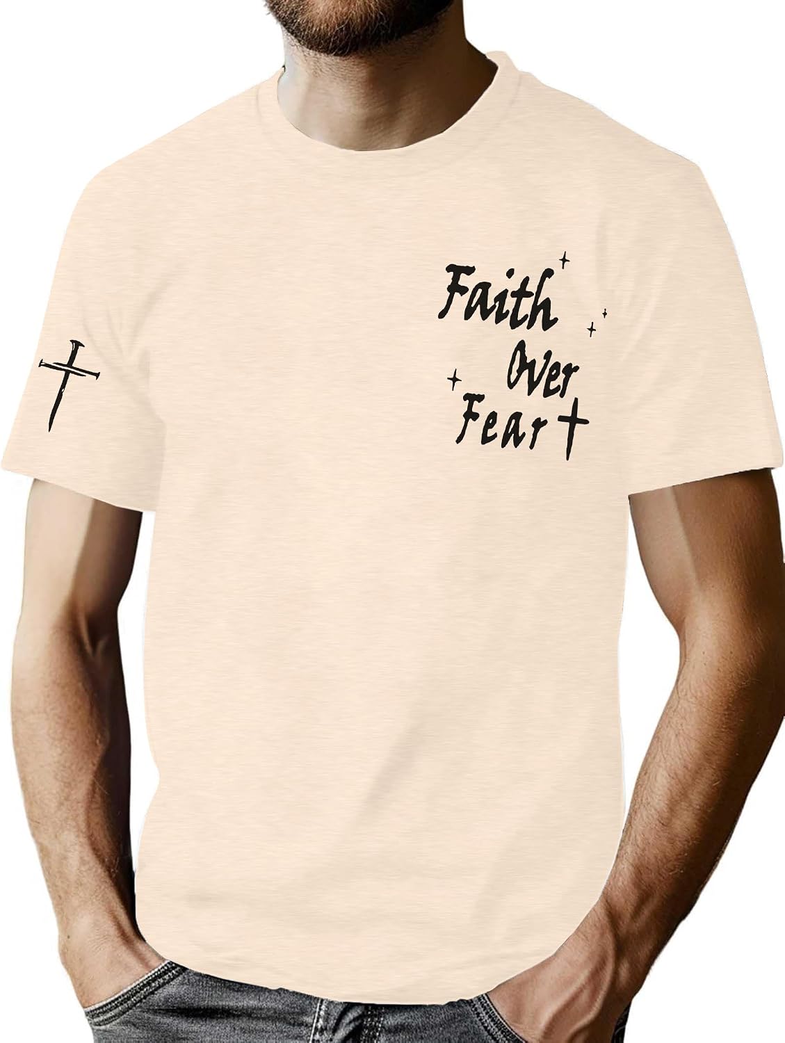 Christian Faith Over Fear Shirts for Men Religious Bible Verse Tshirts - Apricot