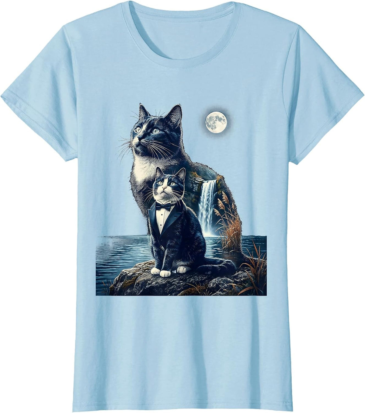 Women's Tuxedo Cat Moonlit 90s Retro Portrait T-Shirt - Baby Blue