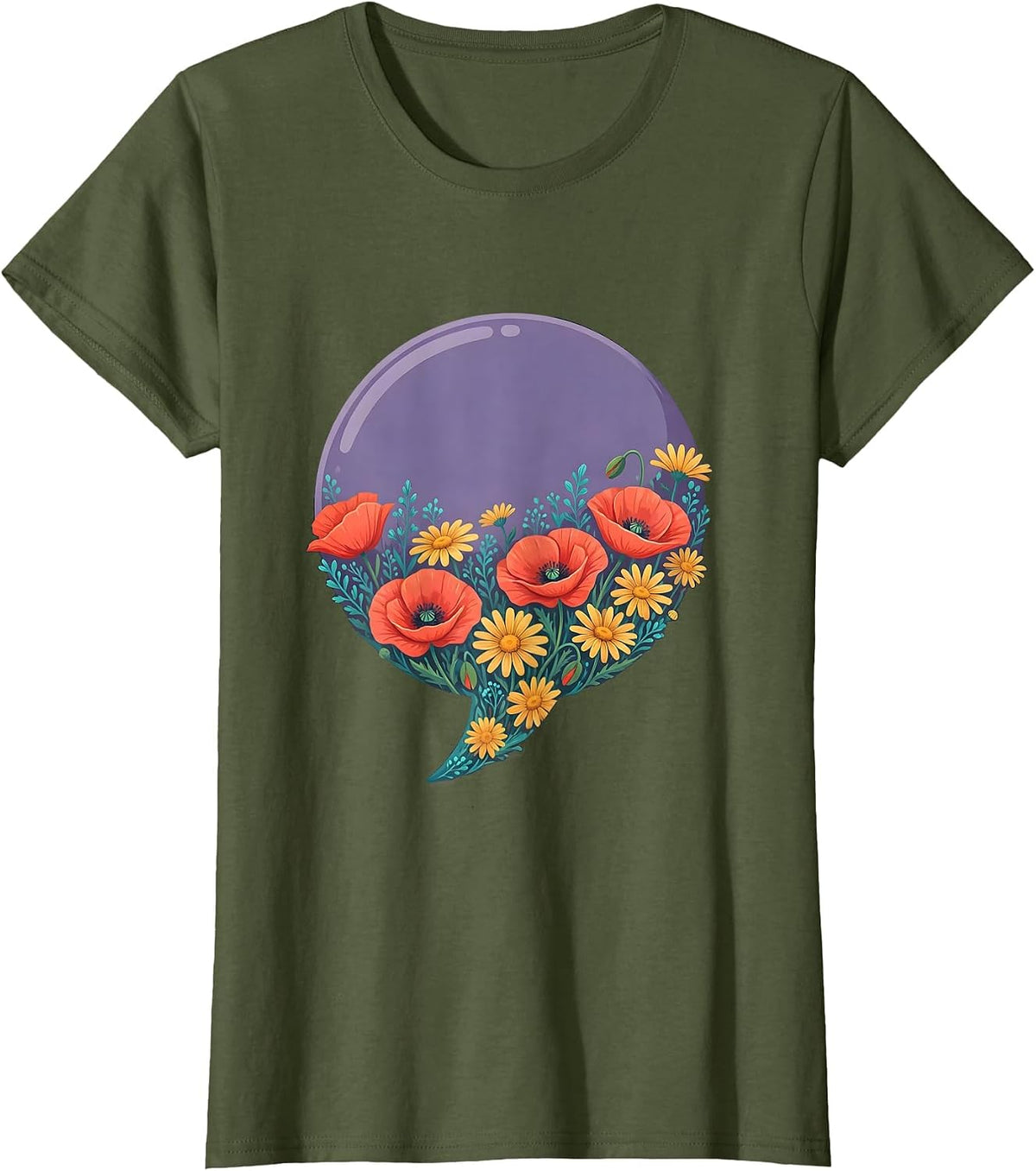 Women's Speech Bubble Wildflower Bloom Graphic Design T-Shirt - Olive Green