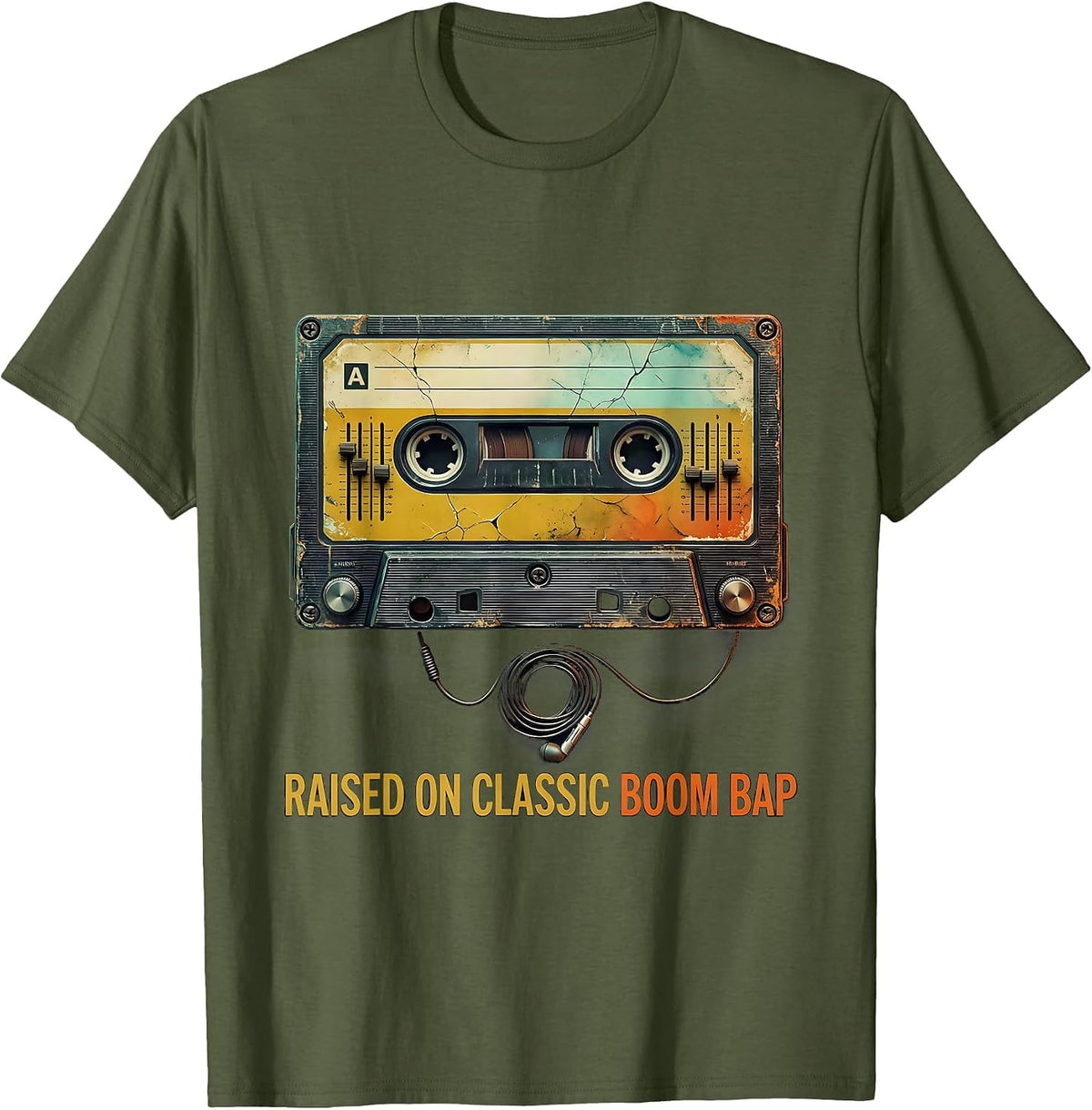 Men's Raised On Classic Boom Bap Distressed Hip Hop Nostalgia T-Shirt - Olive Green