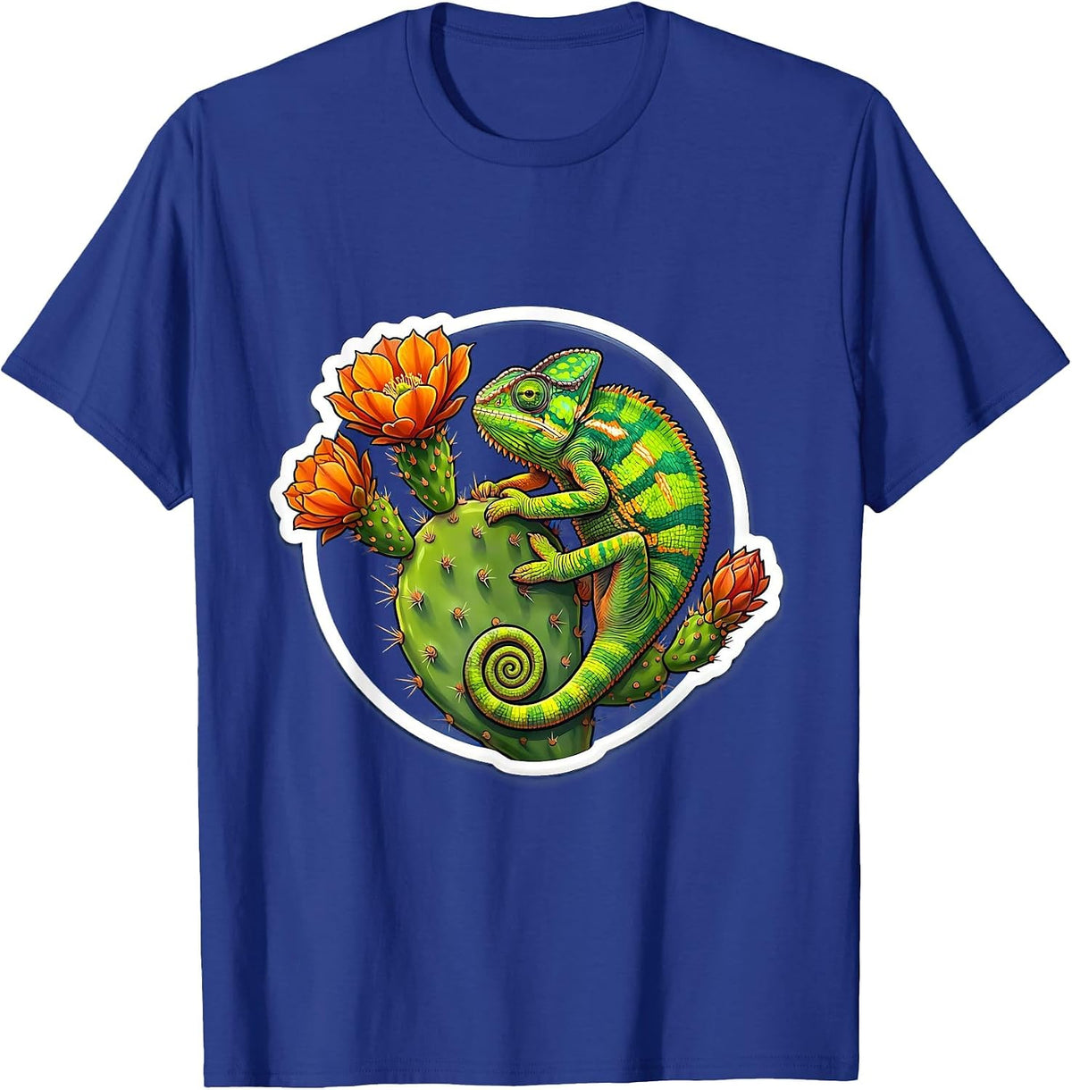 Men's Mexican Chameleon Blooming Cactus Illustration T-Shirt - Royal Blue