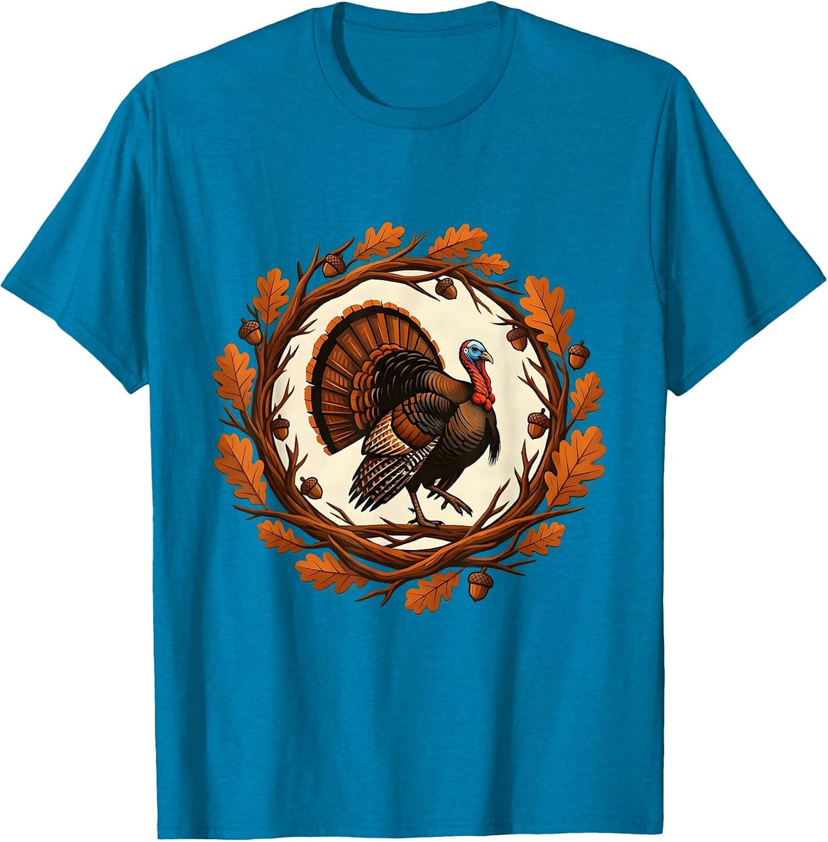 Camo Turkey Striding Through Autumn Oak Leaves T-Shirt - Sapphire Blue