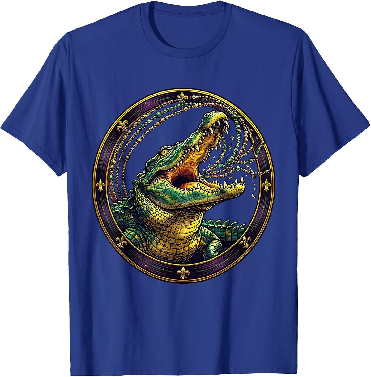 Men's Mardi Gras Alligator Catching Beads Illustration T-Shirt - Royal Blue