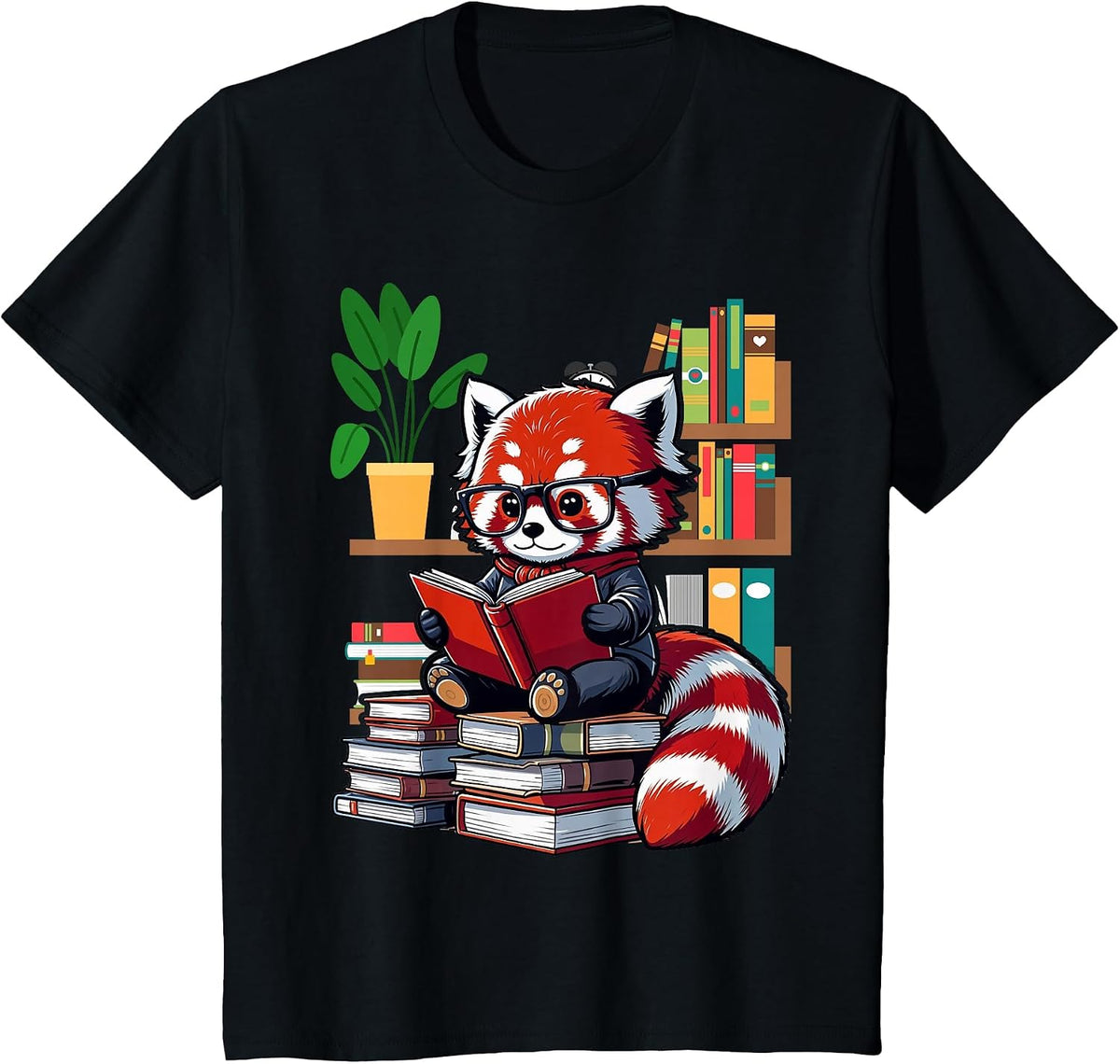 Red Panda Books Lover Reading Bookworm T-Shirt - Black
