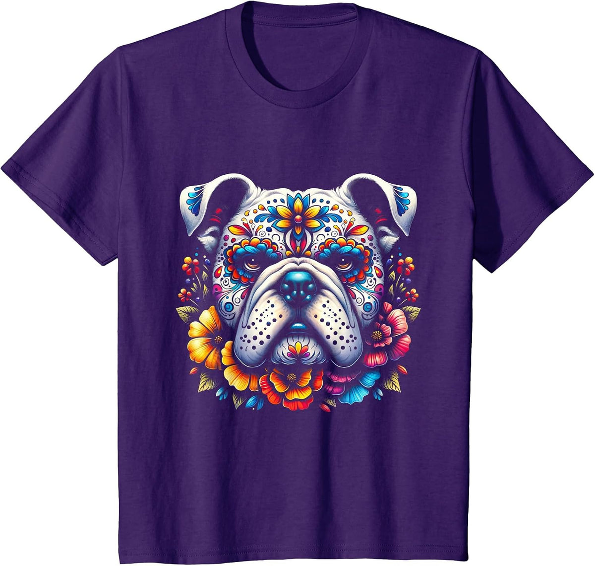 Cinco De Mayo Sugar Skull Flower Bulldog T-Shirt - Purple