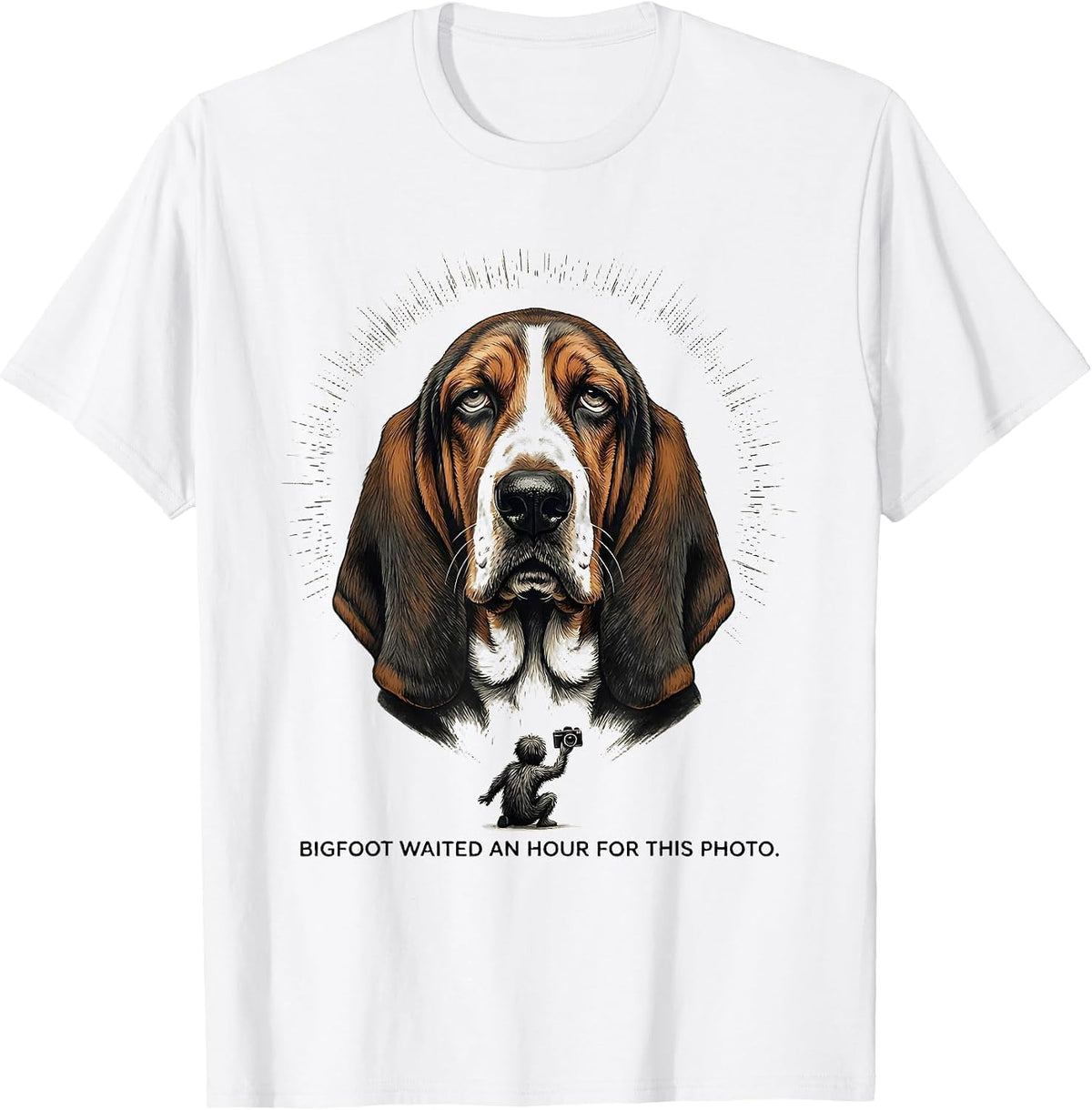 Men's Bigfoot Waited An Hour For This Photo Funny Basset Hound Dog T-Shirt - White