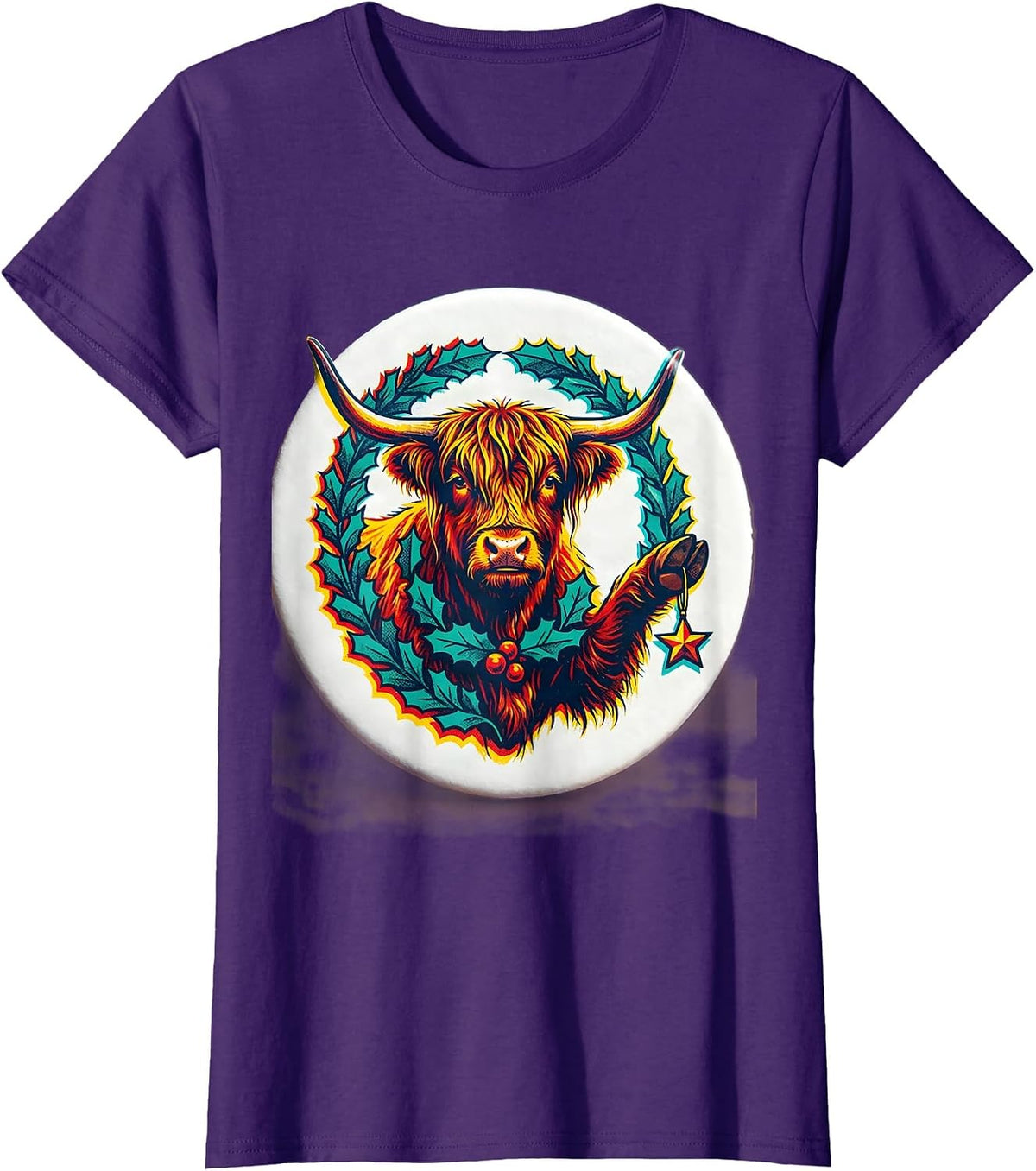 Women's Sealed Highland Cow Badge Risograph Whimsical Farm Humor T-Shirt - Purple