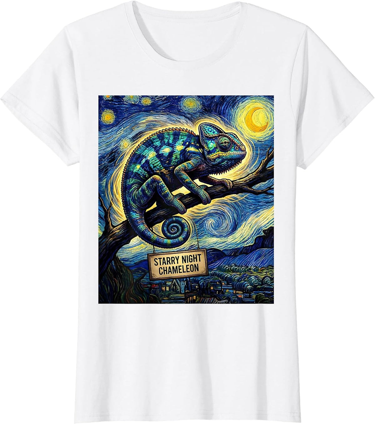 Women's Starry Night Chameleon Comic Book Van Gogh Art Lover T-Shirt - White