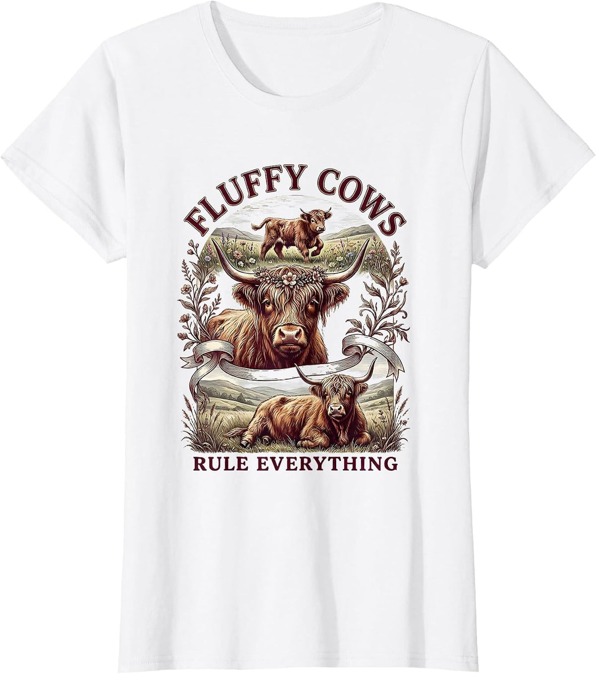 Fluffy Cows Rule Everything Highland Cow Design T-Shirt - White