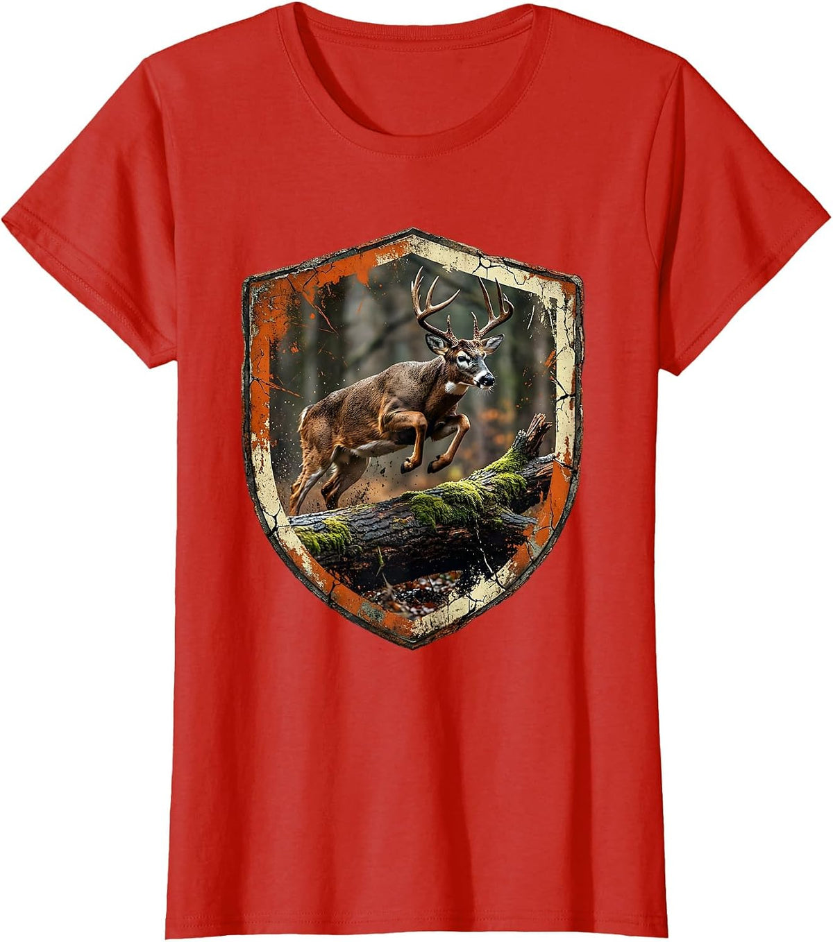 Buck Leaping Over Fallen Log Hunting Design T-Shirt - Red