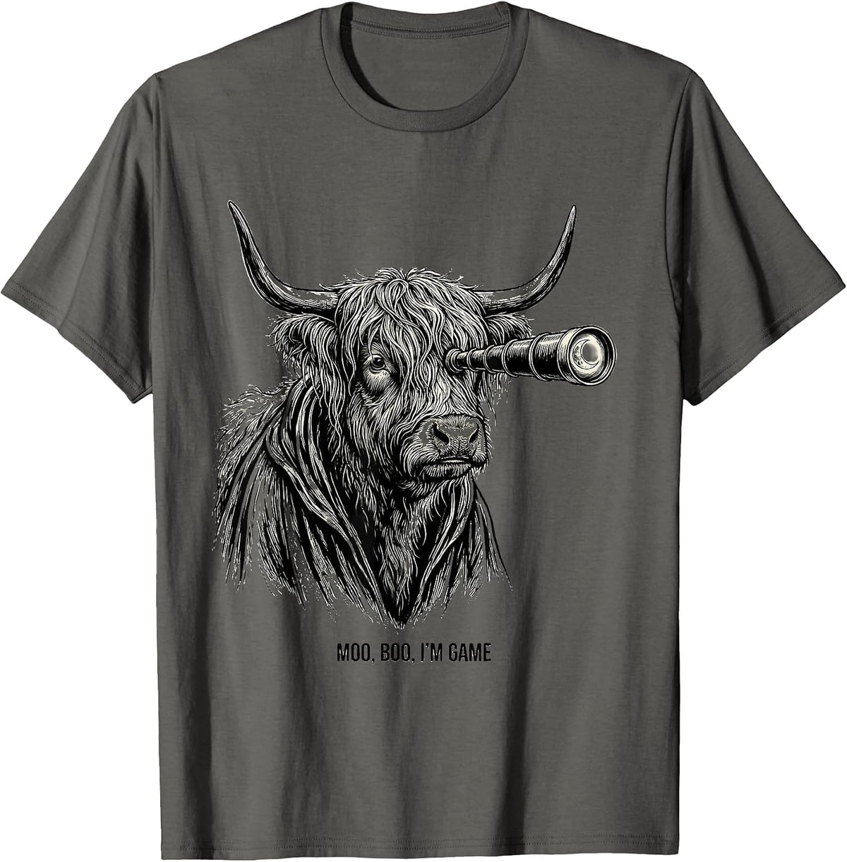 Men's Moo, Boo, I'm Game Funny Highland Cow Halloween Costume T-Shirt - Asphalt Grey