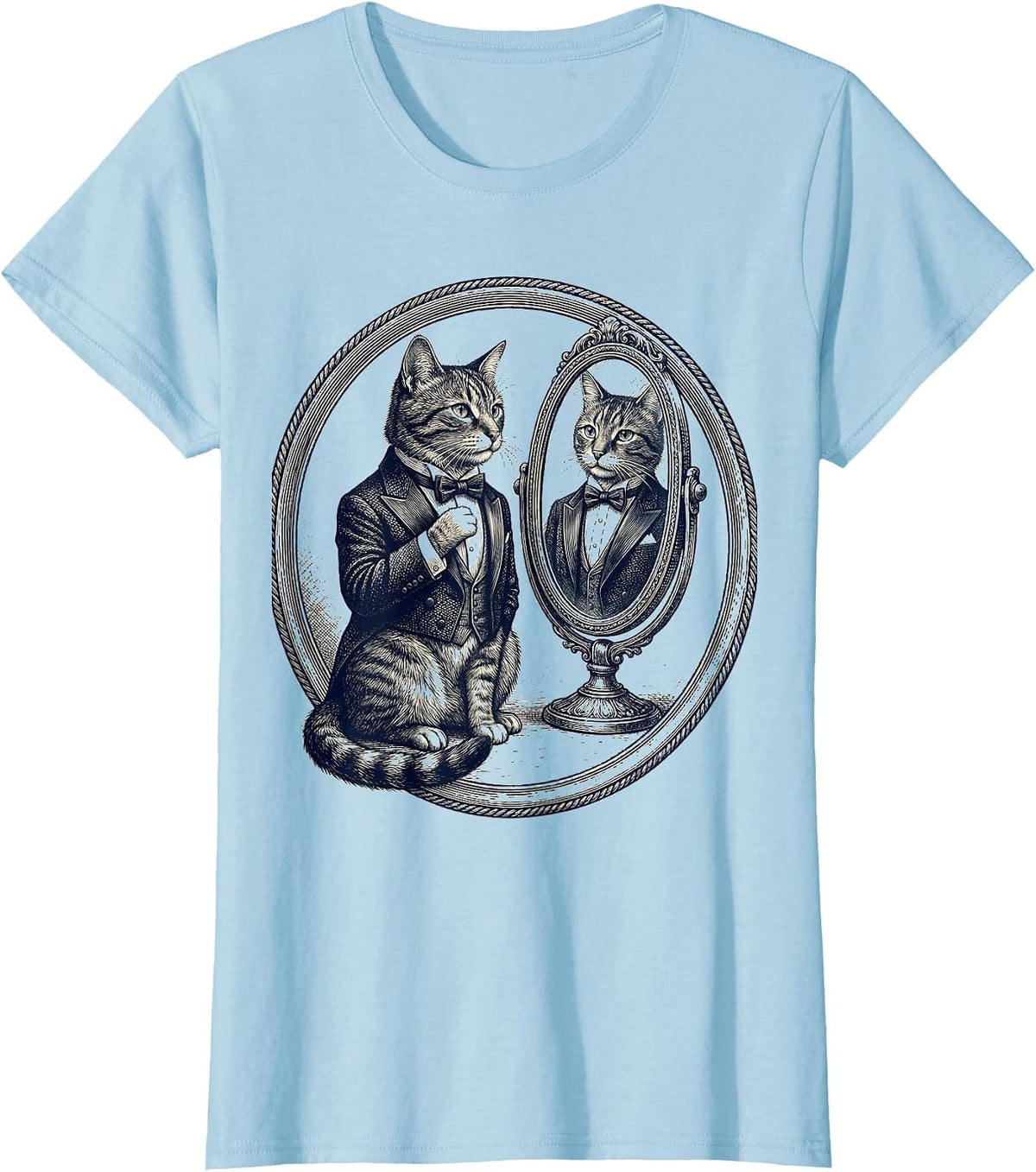 Women's Dapper Cat Bow Tie Mirror Tuxedo Graphic T-Shirt - Baby Blue