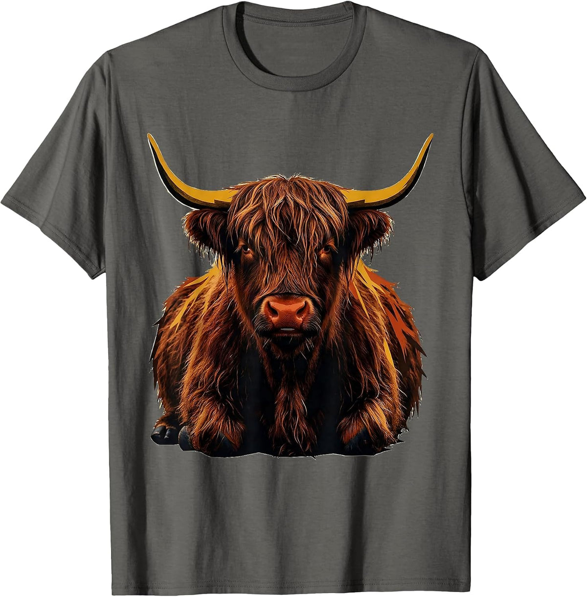 Men's Seated Highland Cow Screenprint Poster Cute Cow Lover T-Shirt - Asphalt Grey