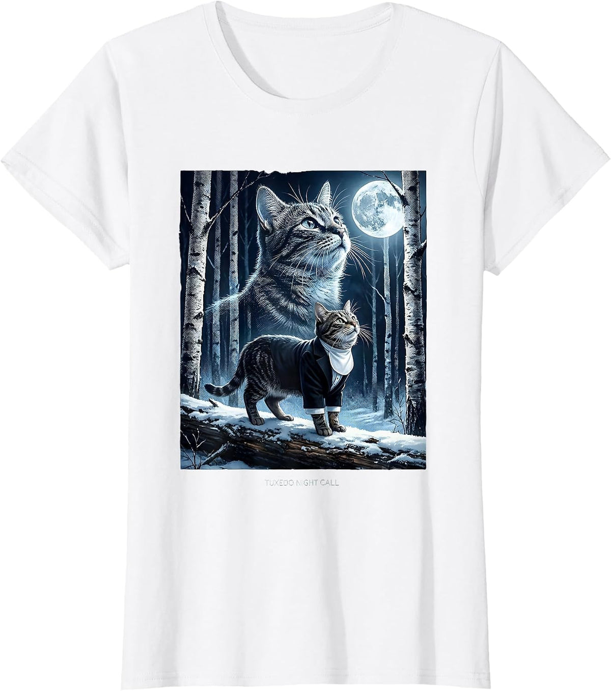 Tuxedo Night Call 90s Retro Tuxedo Cat Portrait T-Shirt - White
