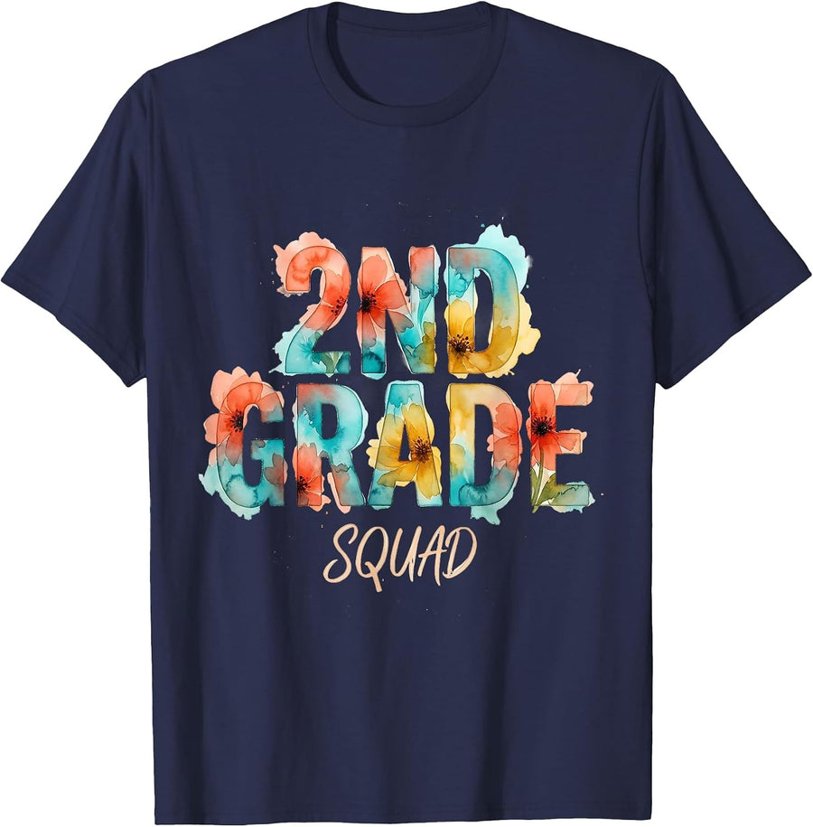 2nd Grade Squad Watercolor Back To School Staff Appreciation T-Shirt - Navy Blue