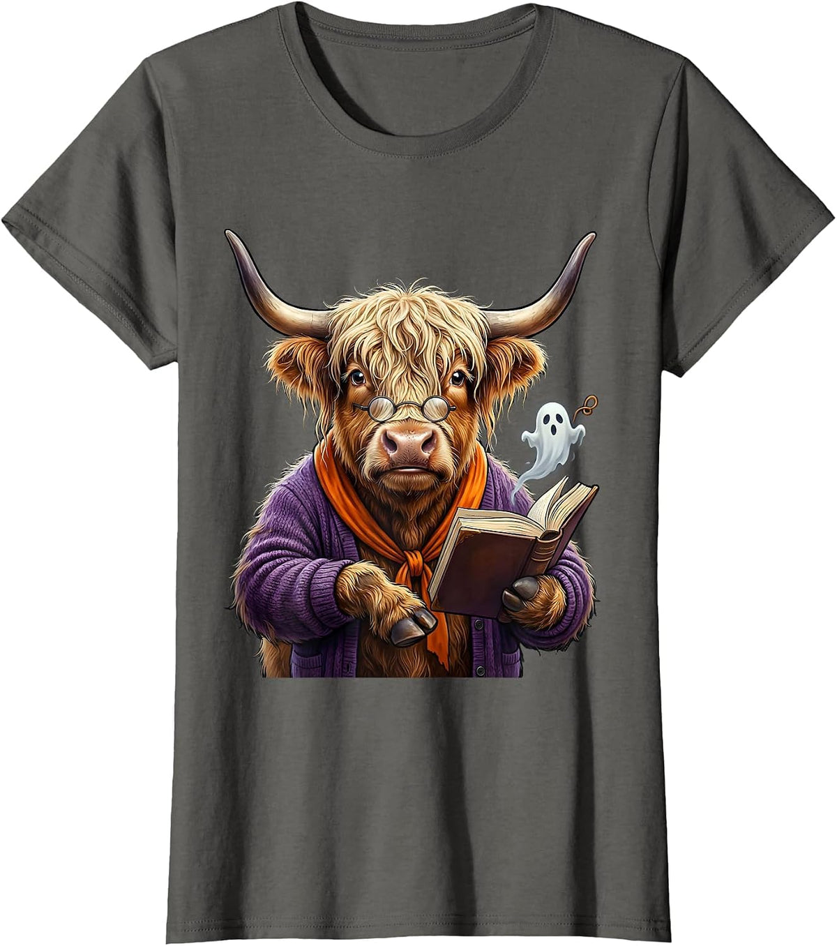 Women's Shaggy Highland Cow Haunted Librarian Halloween Humor T-Shirt - Asphalt Grey