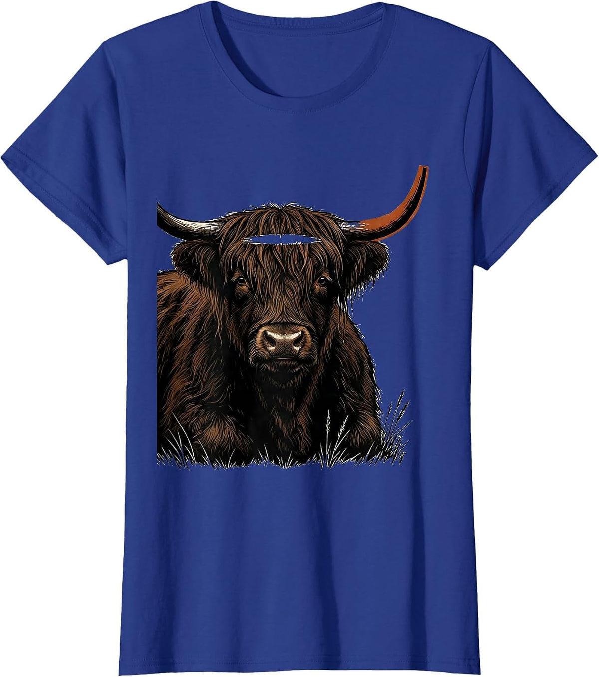 Women's Highland Cow Silhouette Linocut Cute Cow Lover Art T-Shirt - Royal Blue