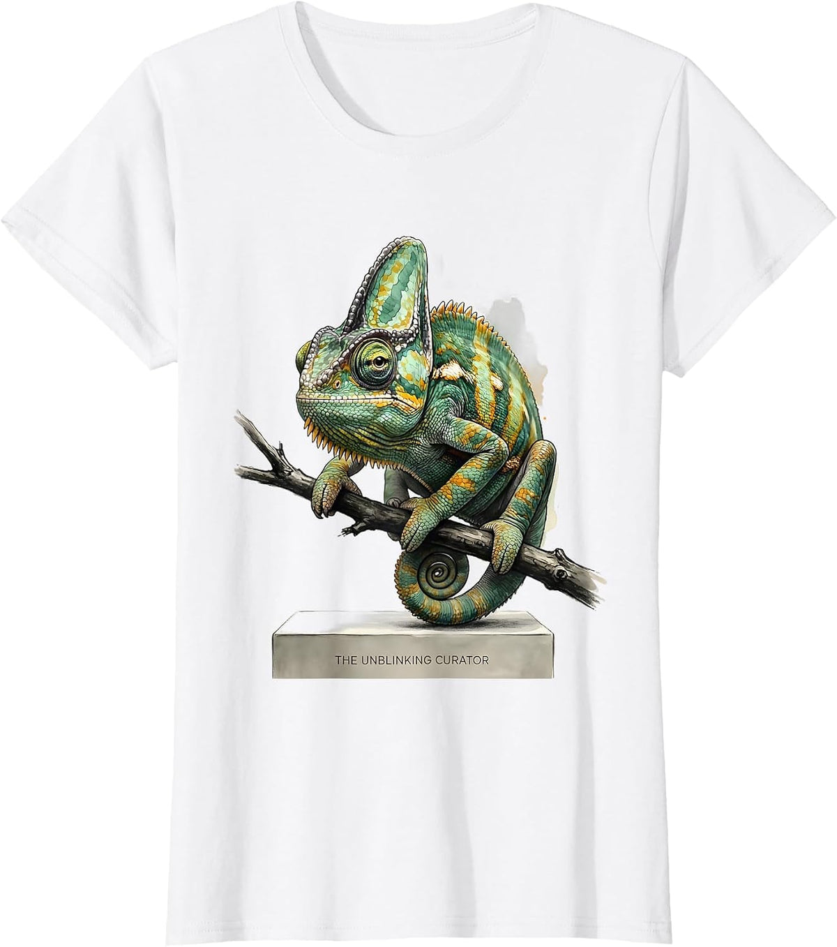 The Unblinking Curator Watercolor Veiled Chameleon Funny T-Shirt - White