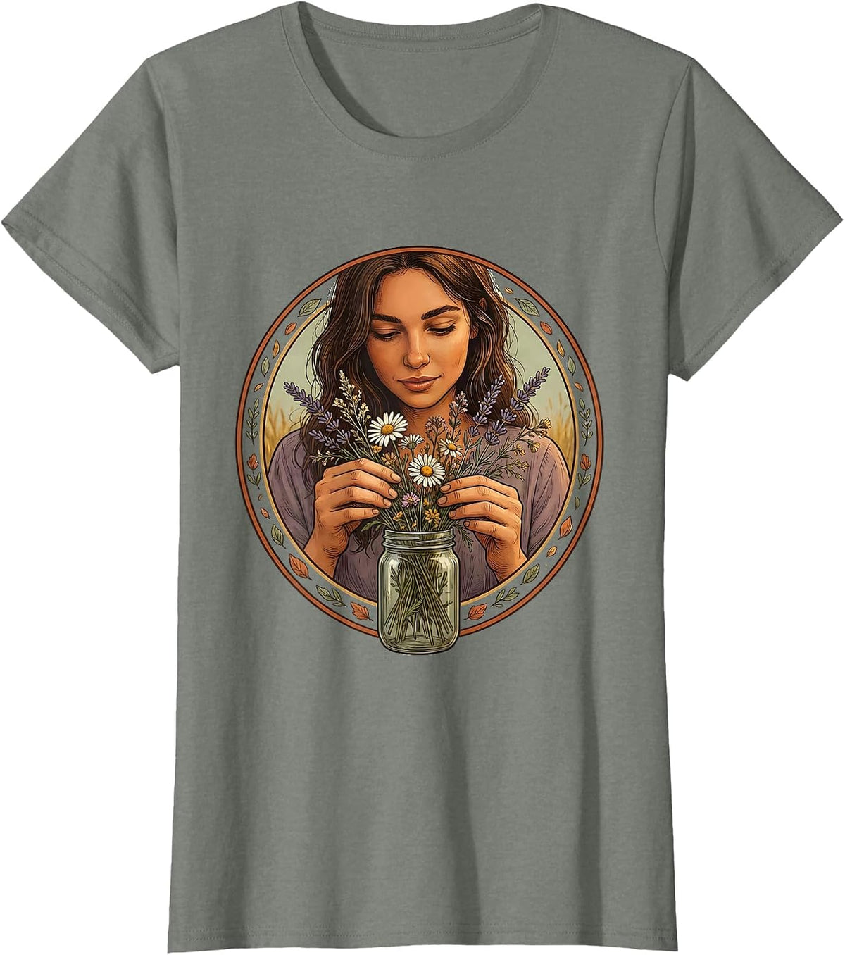 Wildflower Mason Jar Auntie Floral Illustration T-Shirt - Olive Heather