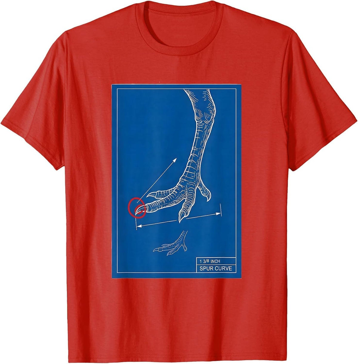Men's 1 3/8 Inch Spur Curve Technical Blueprint Turkey Hunter Gift T-Shirt - Red