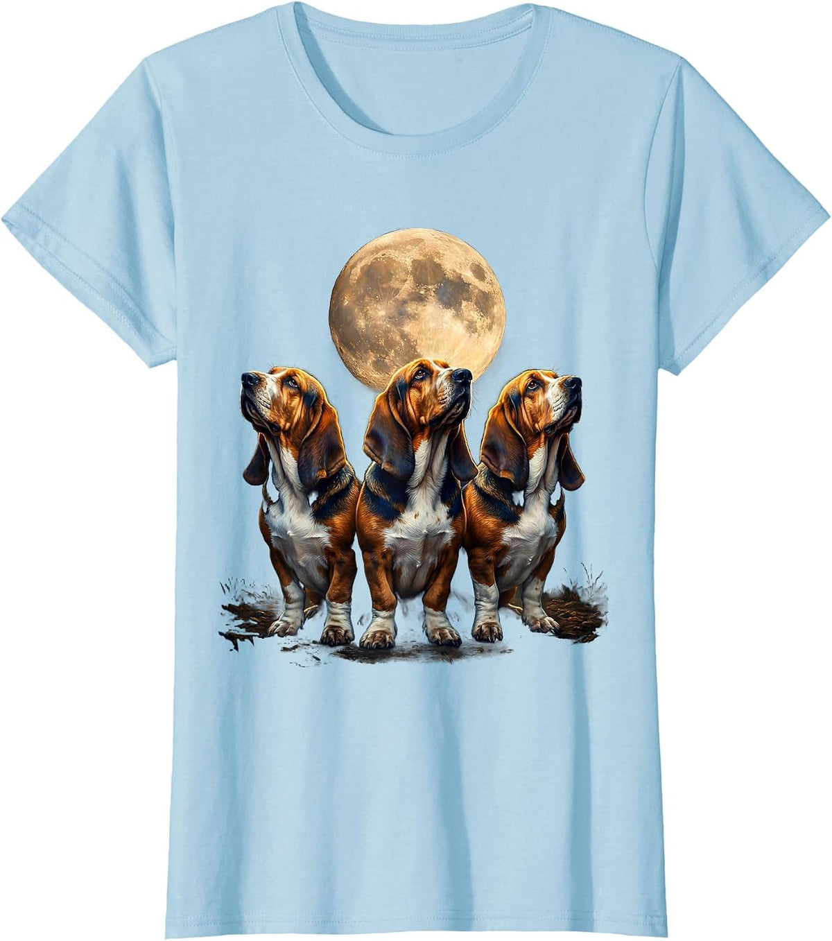 Three Basset Hounds Moon Howling Funny Pet Lover Humor T-Shirt - Baby Blue
