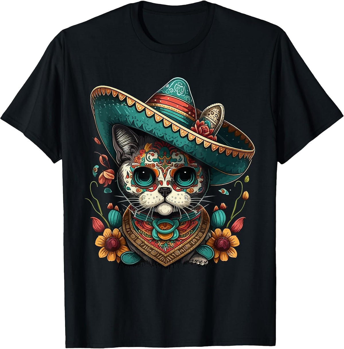 Mexican Cinco De Mayo Sugar Skull Sombrero Cat T-Shirt - Black