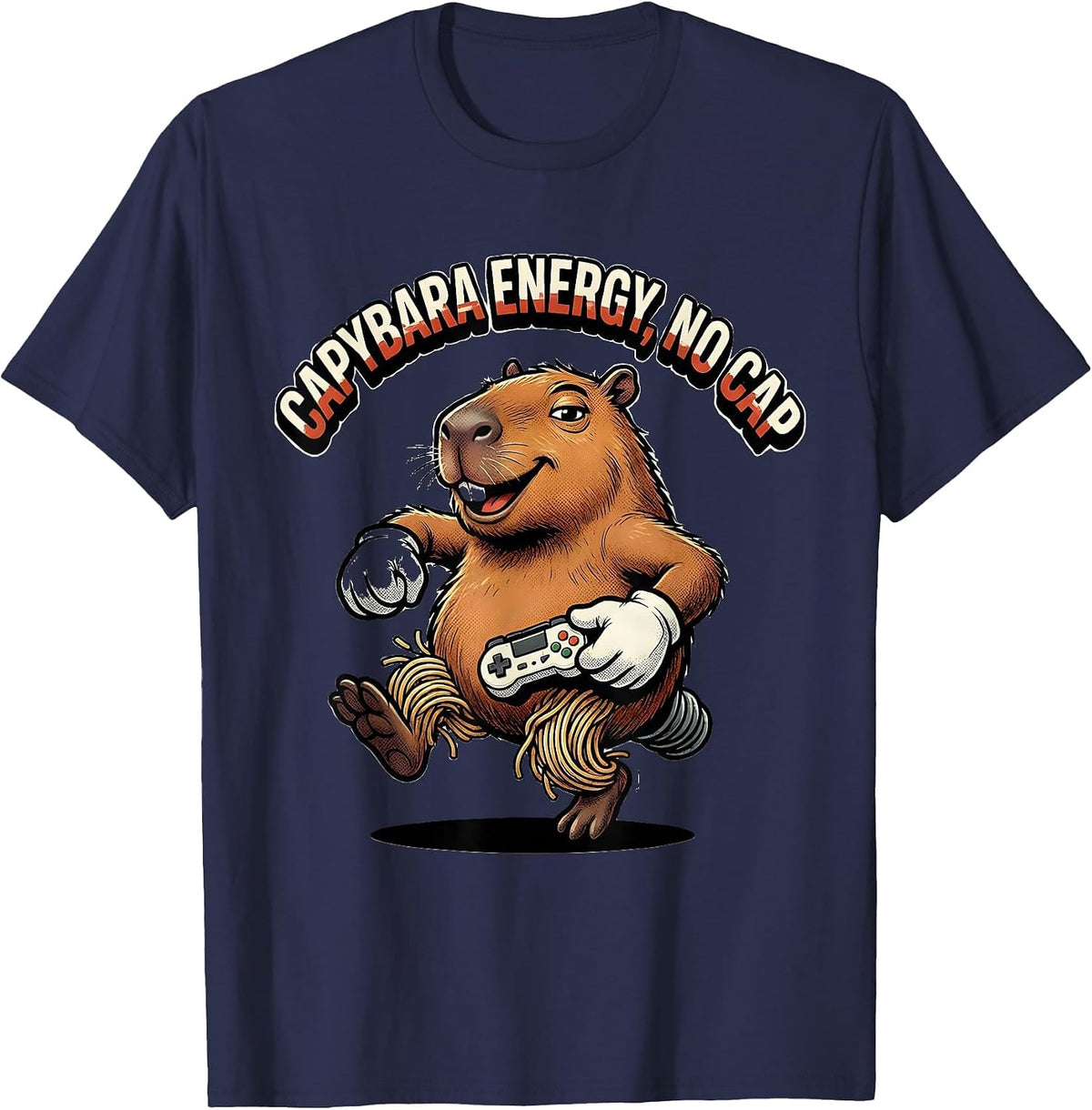 Men's Capybara Energy, No Cap Retro Cartoon Funny Gamer Meme Humor T-Shirt - Navy Blue