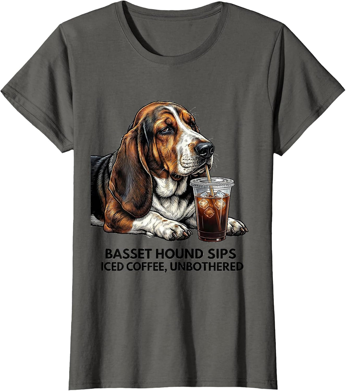Basset Hound Sips Iced Coffee, Unbothered Funny T-Shirt, Women, Asphalt Grey, X-Large - As Pictured