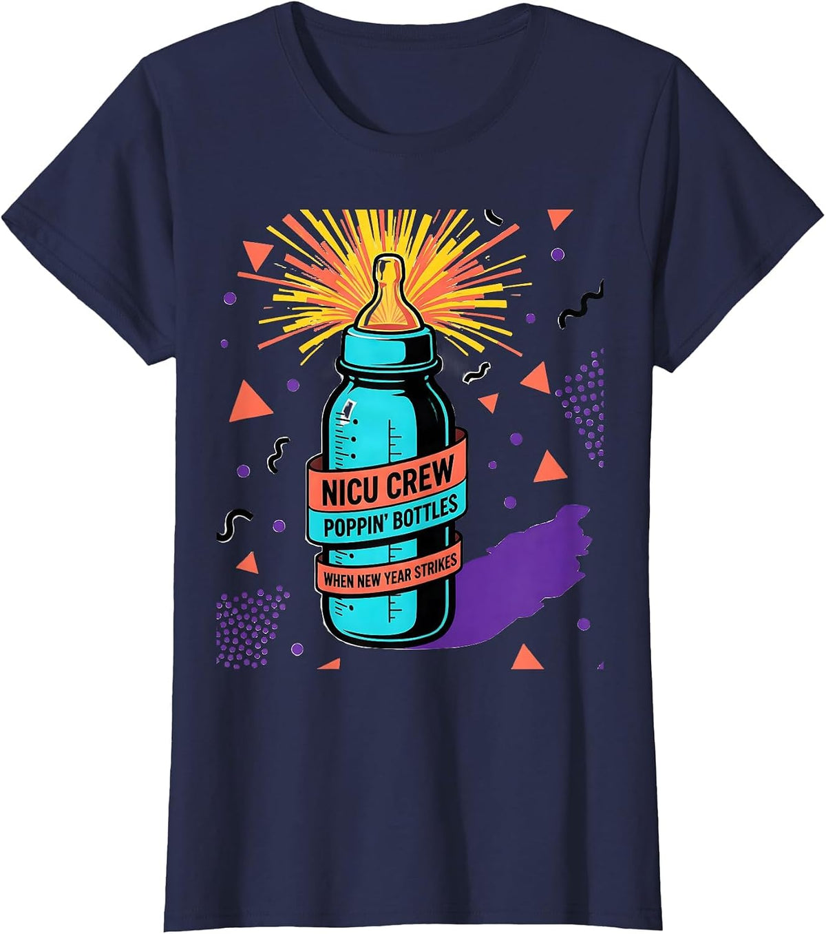 Women's NICU Crew Poppin' Bottles When New Year Strikes Humor T-Shirt - Navy Blue