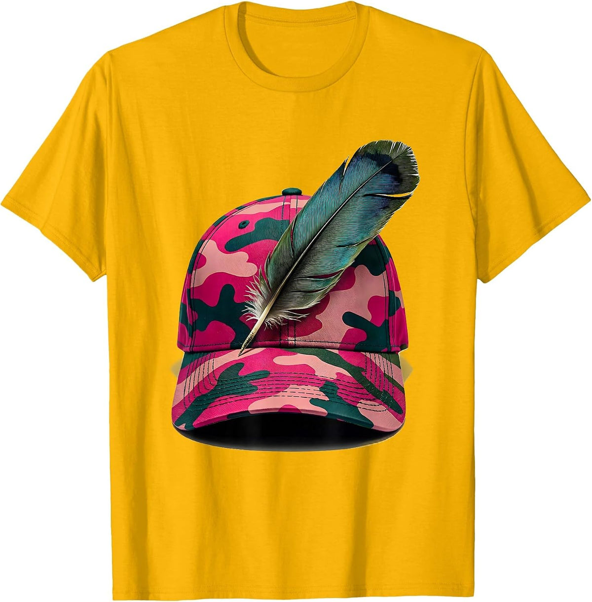 Pink Camo Hunting Hat With Duck Feather Graphic T-Shirt - Golden Yellow