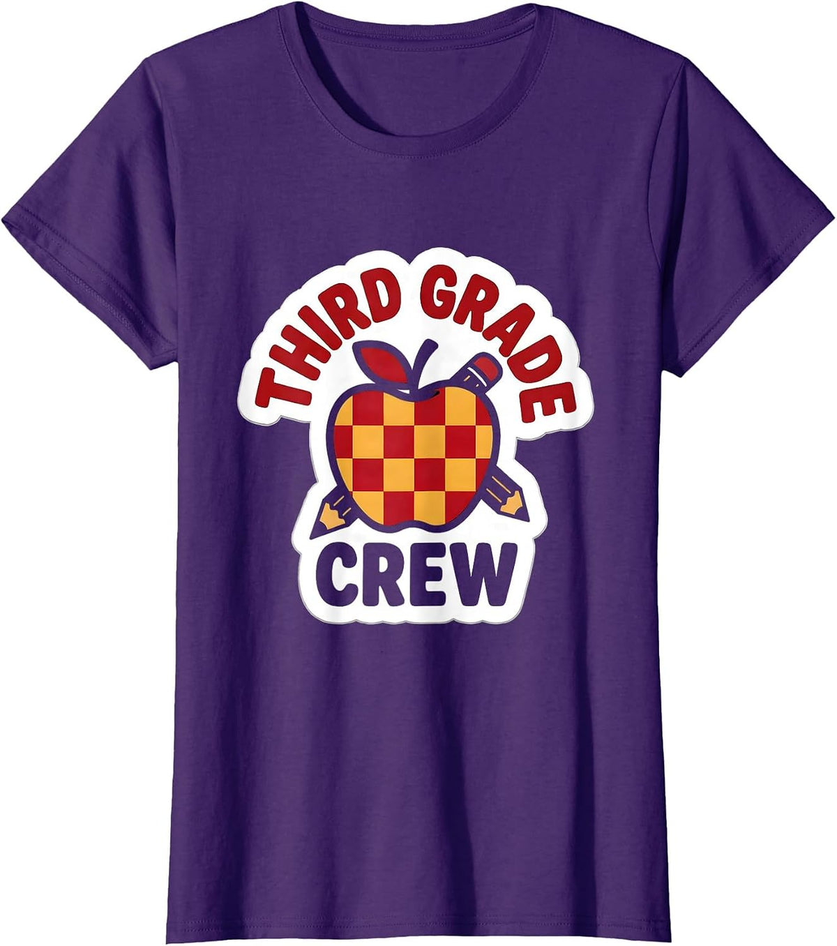 Women's Third Grade Crew Cute Teacher Pencil Apple Back To School T-Shirt - Purple