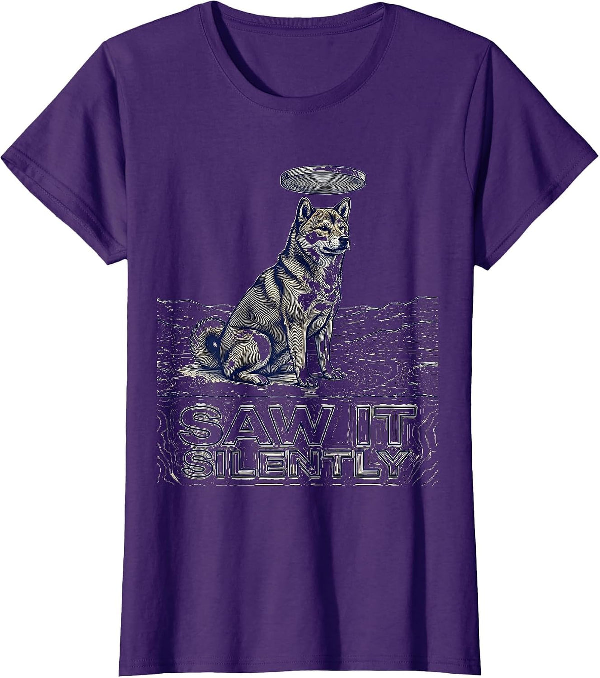Women's Saw It Silently Shiba Inu UFO Alien Novelty Gift T-Shirt - Purple