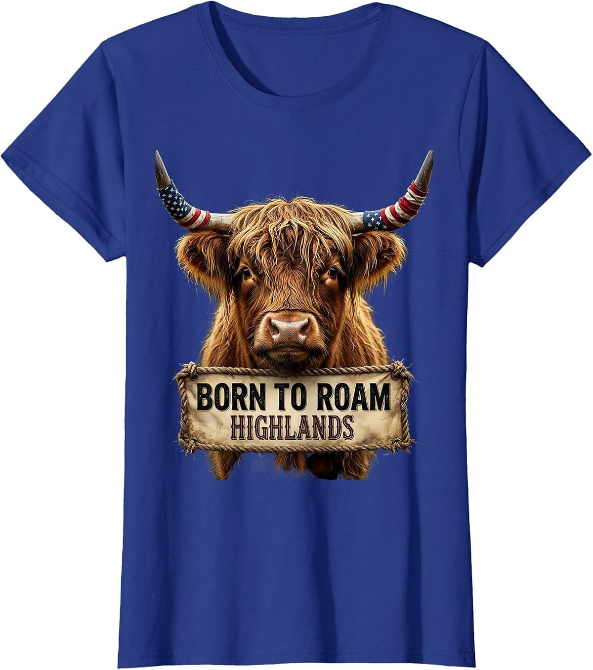 Women's Born to Roam Highlands Highland Cow Design T-Shirt - Royal Blue