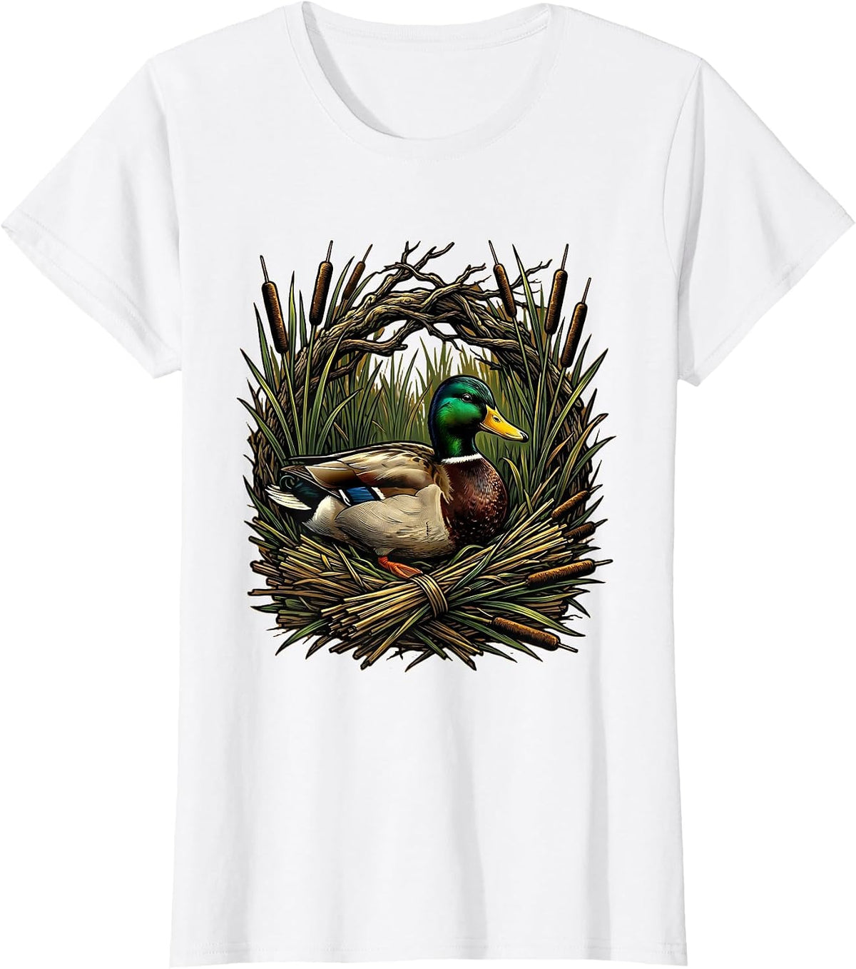 Women's Camo Duck Blind Cattails Hunting Illustration T-Shirt - White