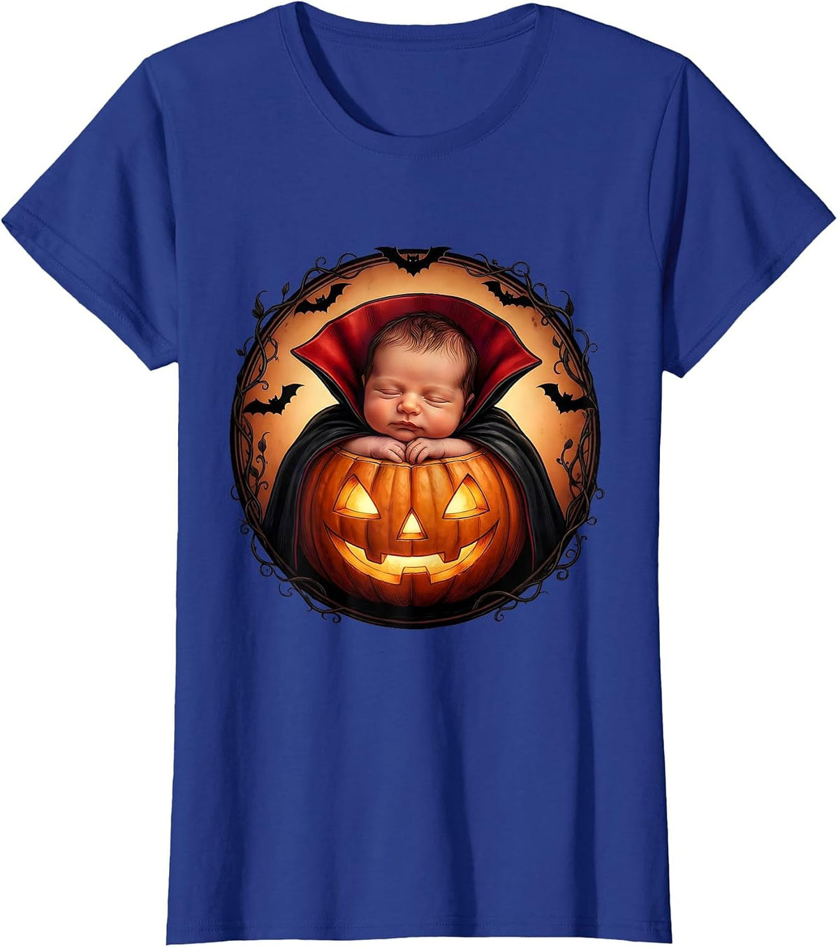 Women's NICU Halloween Tiny Baby Vampire Pumpkin Design T-Shirt - Royal Blue