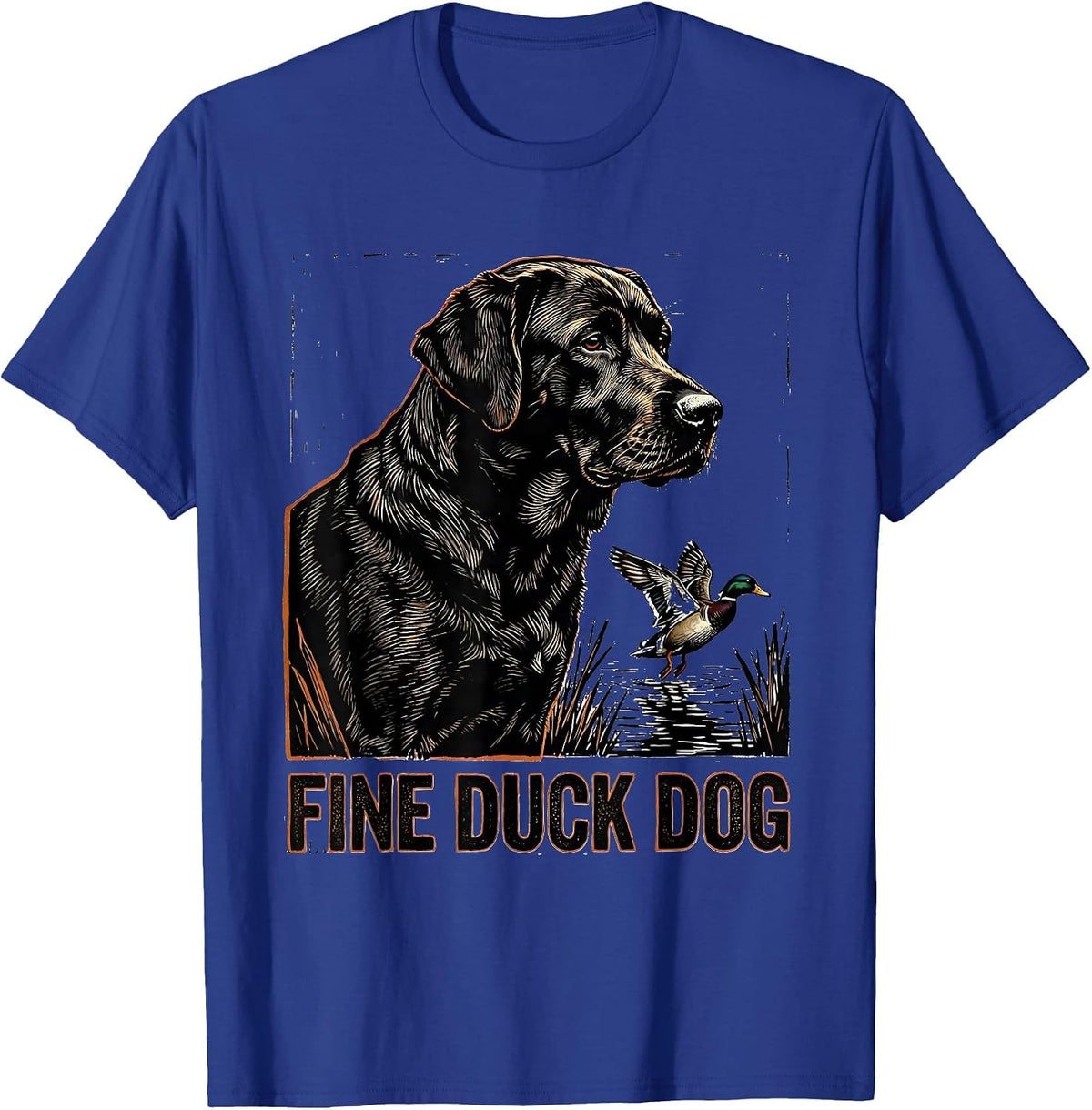 Fine Duck Dog Linocut Labrador Hunting Dog Vintage Badge T-Shirt - Royal Blue