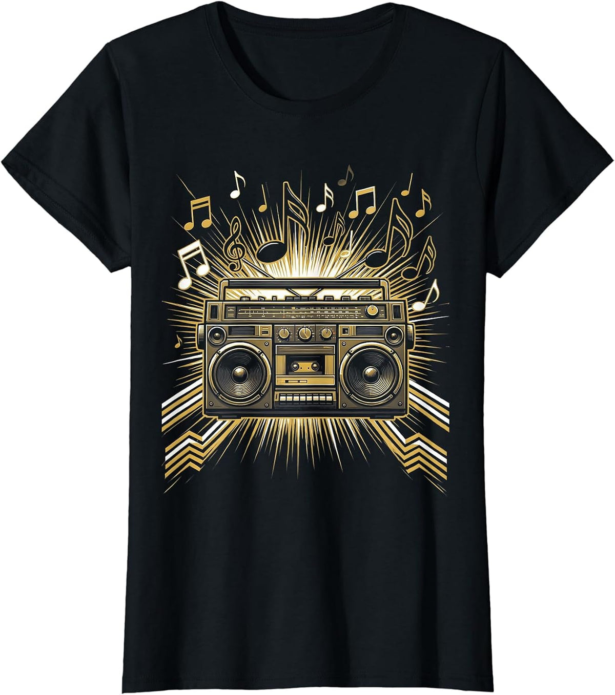 Retro Boombox Musical Notes Graphic Tee T-Shirt - Black