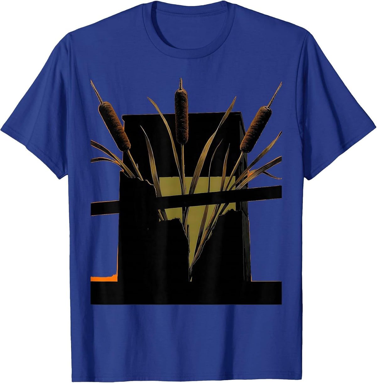 Camo Duck Blind Cattails and Reeds Illustration T-Shirt - Royal Blue