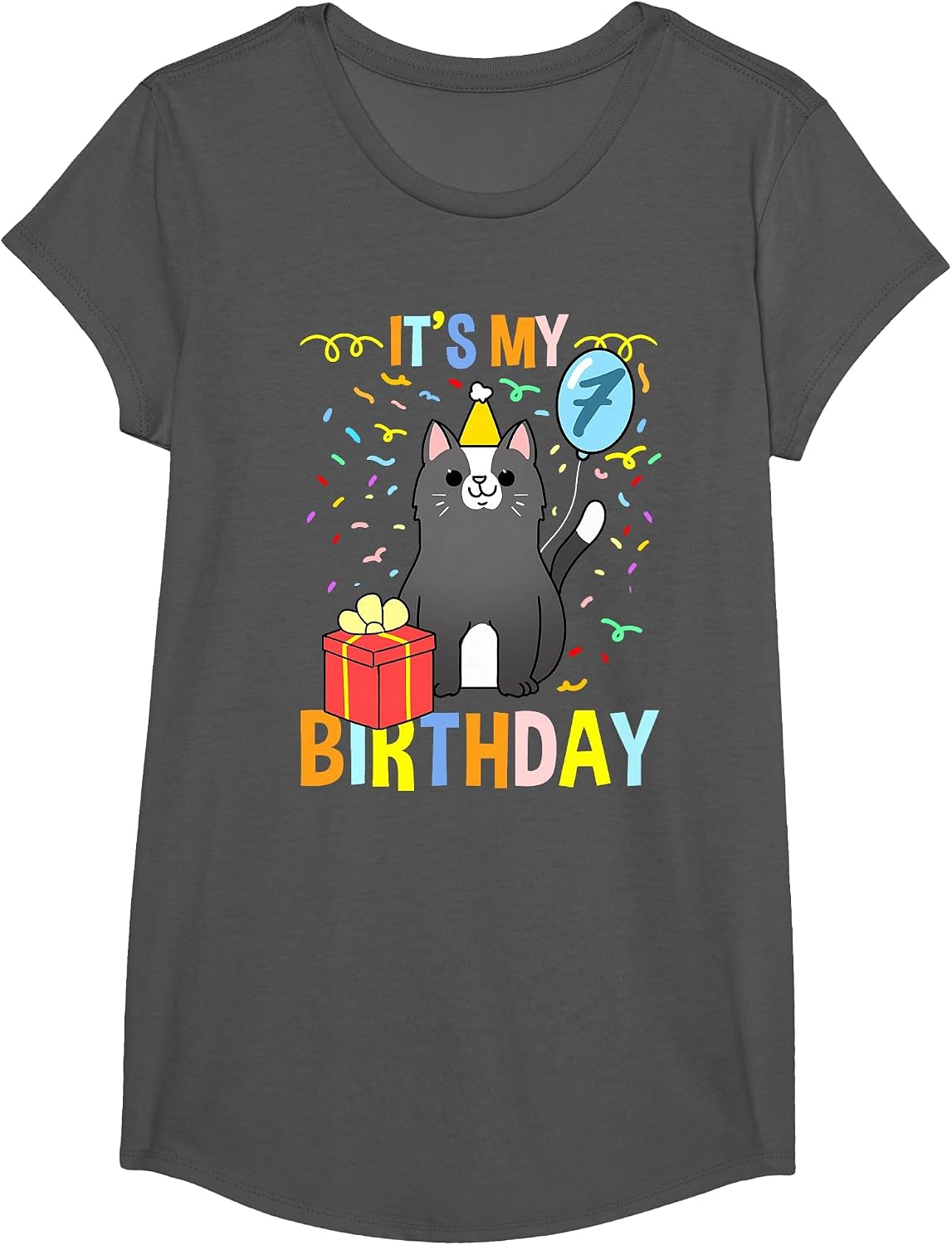Its My 7th Birthday Tuxedo Cat T-Shirt - Girls Asphalt Grey