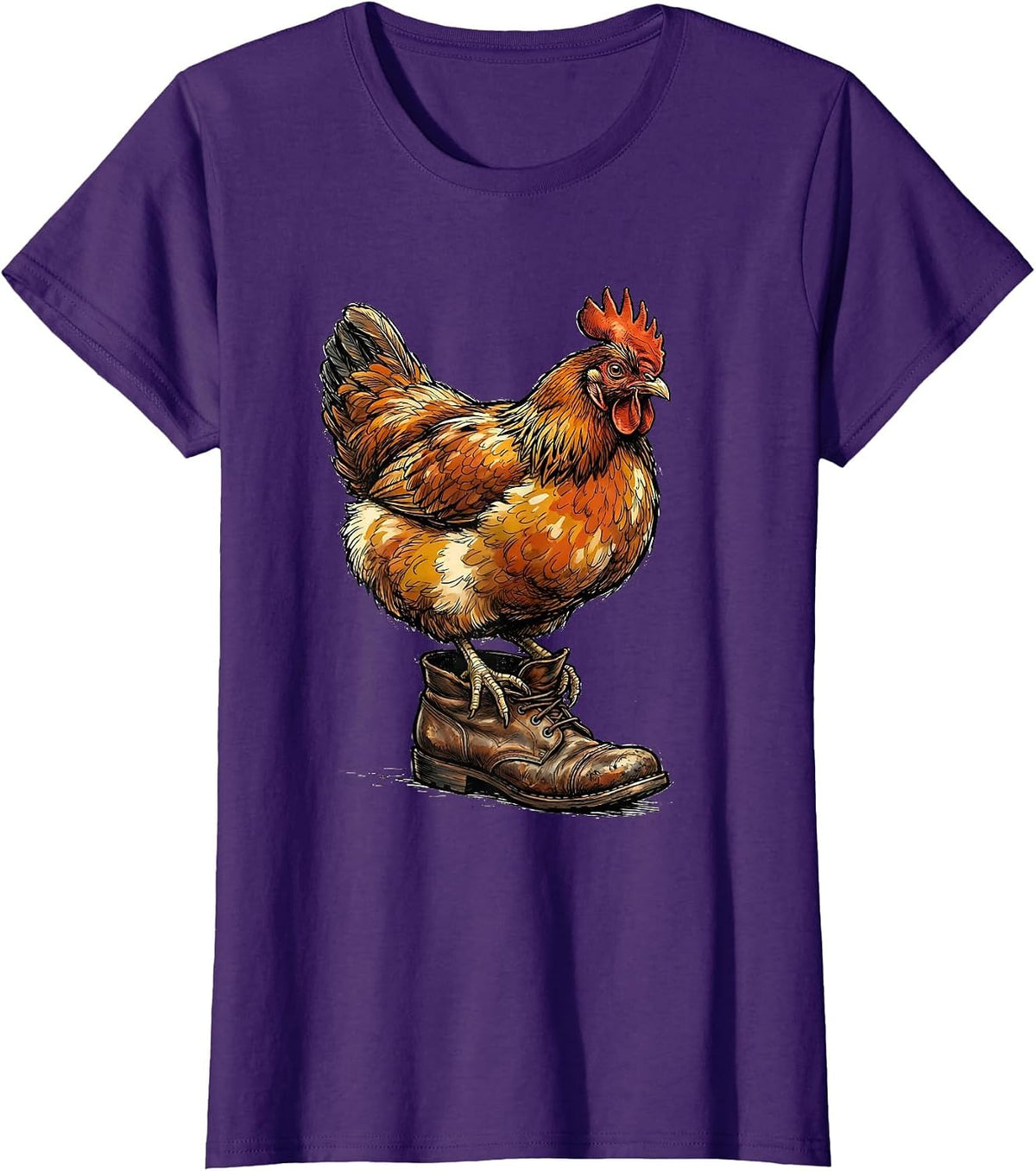 Women's Puffed Hen On Boot Funny Chicken Lover Farm Humor T-Shirt - Purple