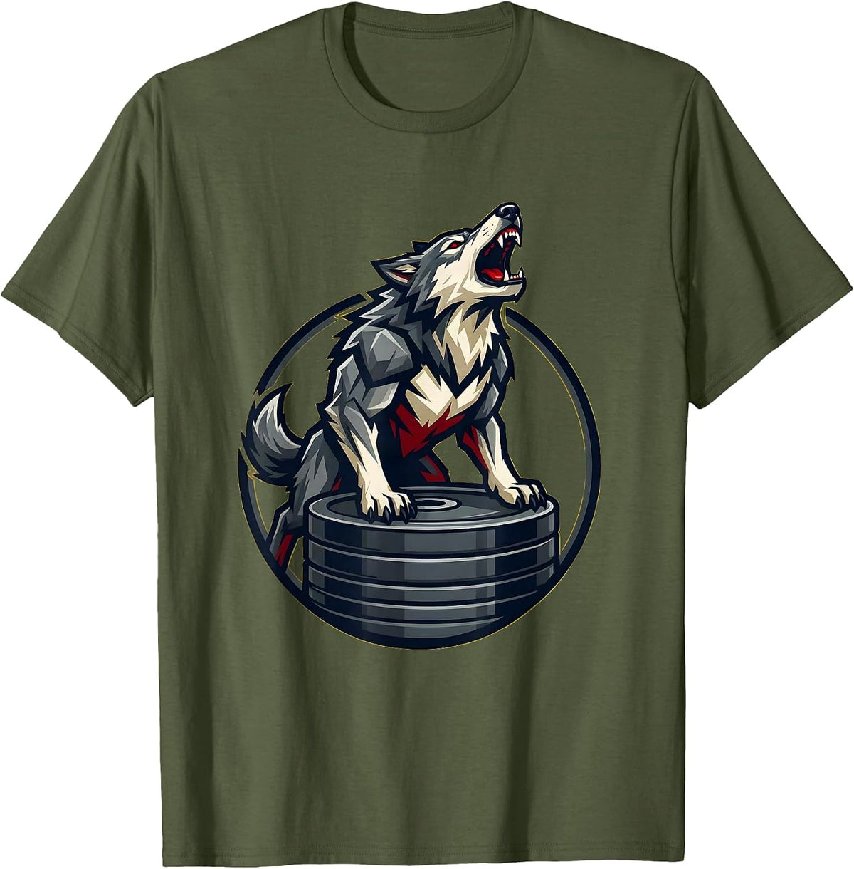 Men's Wolf Howling on Weight Plates Gym Graphic T-Shirt - Olive Green