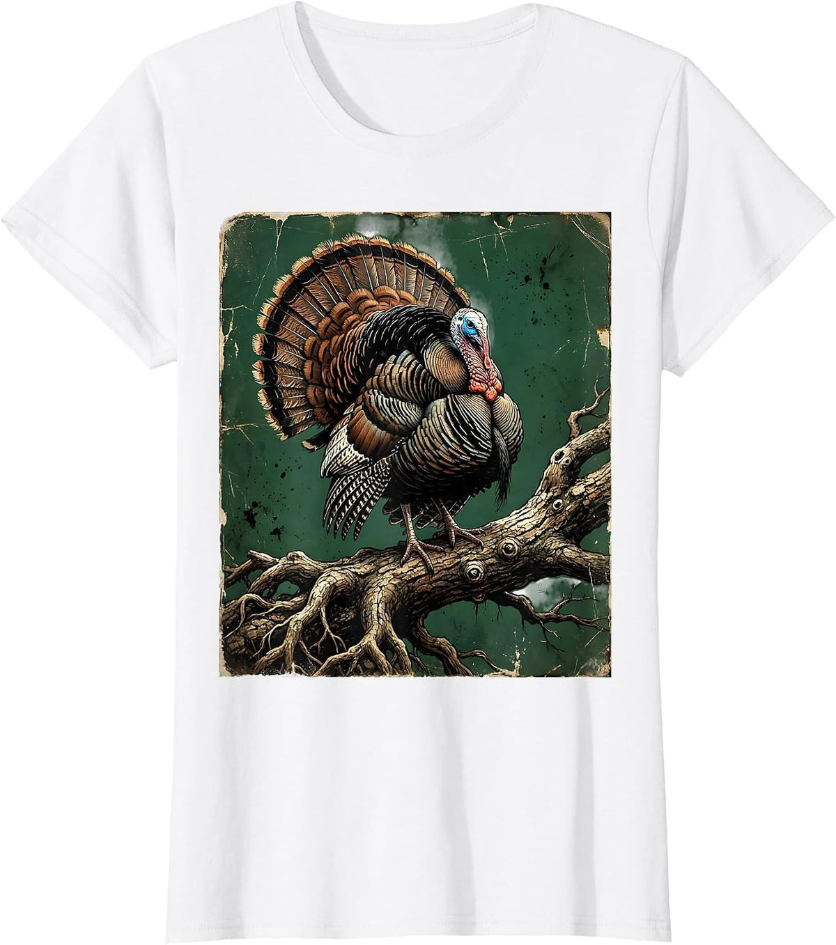 Women's Wild Turkey Perched on Gnarled Oak Branch T-Shirt - White