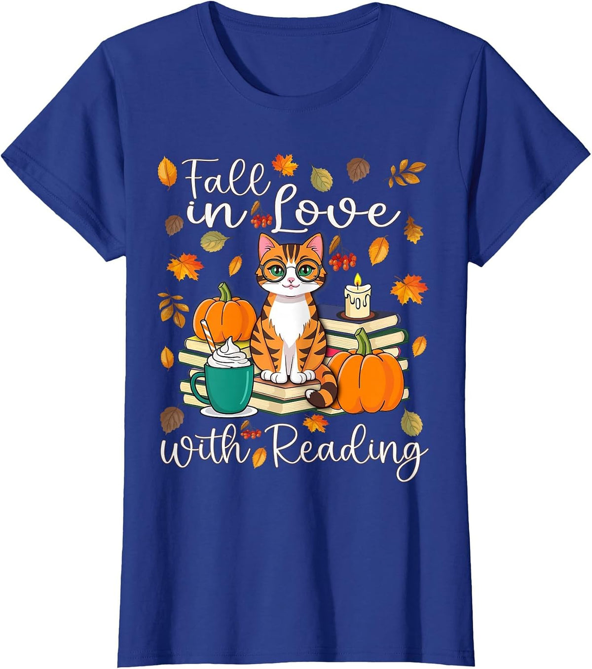 Cat Fall in Love with Reading Book Lover Autumn T-Shirt - Royal Blue